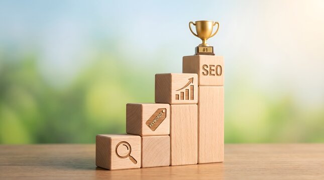 Wooden blocks stacking to form staircase showing search and keyword optimization results.