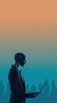 Tech layoffs market impact robot business laptop tech layoffs market impact robot business laptop scene with humanoid android worker using laptop