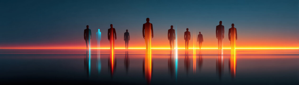 Tech layoffs market impact silhouette neon Futuristic tech layoffs market impact with silhouette figure neon light line suggesting uncertainty