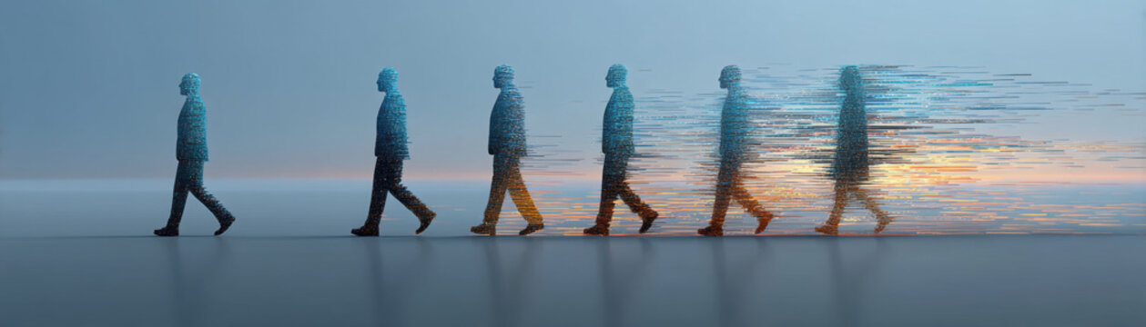 Tech layoffs market impact business worker walking digital silhouette