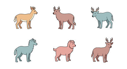 Obraz premium Cartoon forest animals including various deer and wolf illustrations in different colors, perfect for children?s books and educational materials