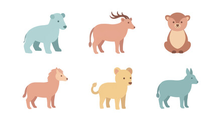 Obraz premium Cute cartoon baby animals collection with bear, deer, otter, horse, lion cub and donkey in soft pastel colors, perfect for children's books and educational materials