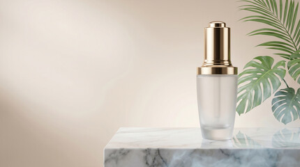 Naklejka premium Luxury skincare serum bottle on marble pedestal, frosted glass packaging, tropical leaves, floating water droplets, premium beauty advertising, cosmetic branding, elegant product showcase