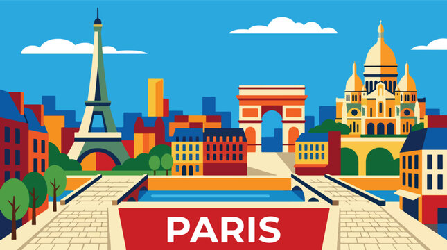 Elegant Paris travel poster featuring scenic urban views, riverside atmosphere, and colorful geometric architecture in a timeless tourism design style