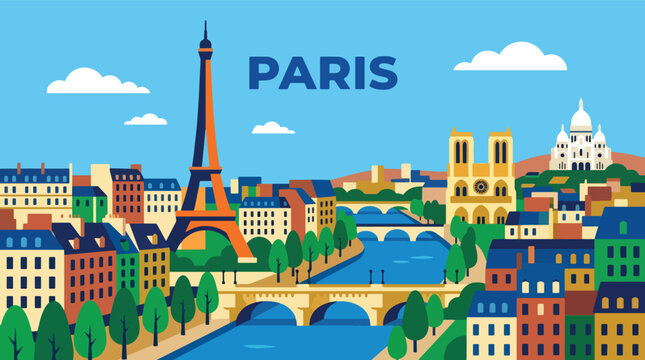 Elegant Paris travel poster featuring scenic urban views, riverside atmosphere, and colorful geometric architecture in a timeless tourism design style