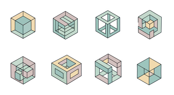 Set of eight colorful geometric impossible cubes, abstract shapes and optical illusions useful for design, art, and creative projects