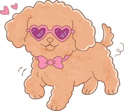 Adorable Happy Cavoodle Dog Wearing a Heart Shaped Glasses and Pink Bow Tie, Watercolor Hand Drawn Cartoon Whimsical