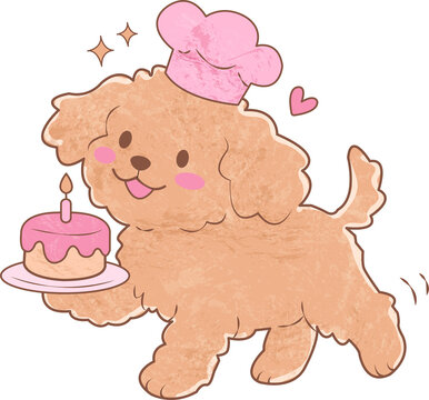 Adorable Happy Cavoodle Dog Wearing Chef Hat Holding Birthday Cake with Candle and Sparkles Celebration, Watercolor Hand Drawn Cartoon Whimsical