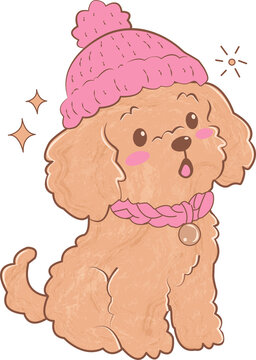 Adorable Happy Cavoodle Dog Wearing a Pink Knitted Winter Hat and Scarf, Watercolor Hand Drawn Cartoon Whimsical
