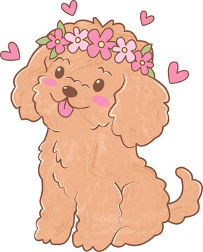 Adorable Happy Cavoodle Dog Wearing a Flower Crown Surrounded by Hearts, Watercolor Hand Drawn Cartoon Whimsical