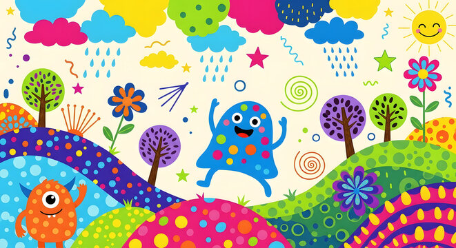 Monsters frolic in a vibrant, patterned field under a sunny sky filled with colorful rain clouds and decorative floral elements.