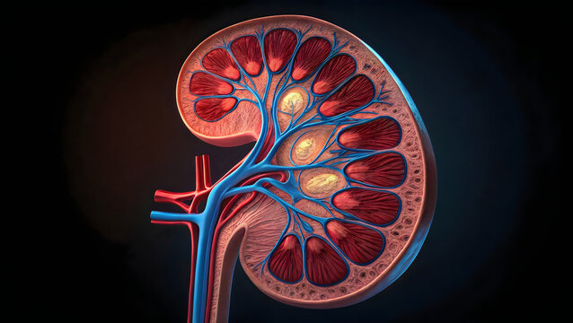 Human kidney with blood vessels and nephrons