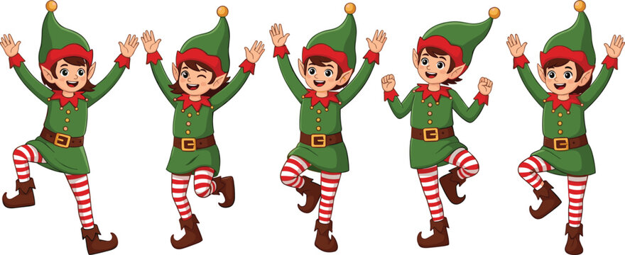 Christmas elf cartoon vector illustration set, festive clipart bundle, holiday character icons, Santa&rsquo;s workshop graphics, joyful celebration outlines