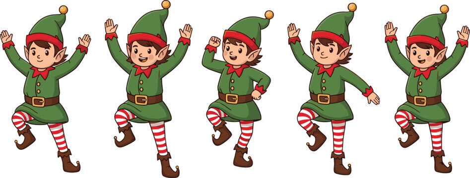 Christmas elf dancing cartoon vector illustration set, festive clipart bundle, holiday character icons, Santa&rsquo;s workshop graphics, joyful celebration outlines