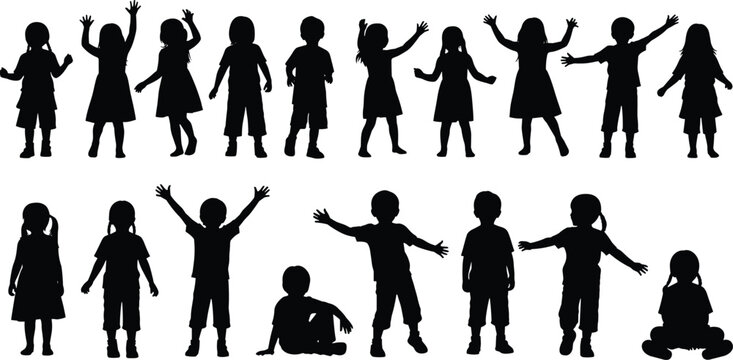 Children silhouettes, diverse poses, standing and sitting, vector clipart, black and white, childhood gesture, casual clothing, playful, expressive, group