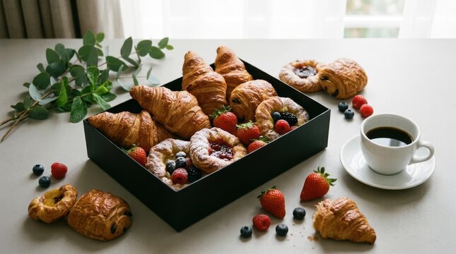 Breakfast box with croissants, pastries, berries and coffee