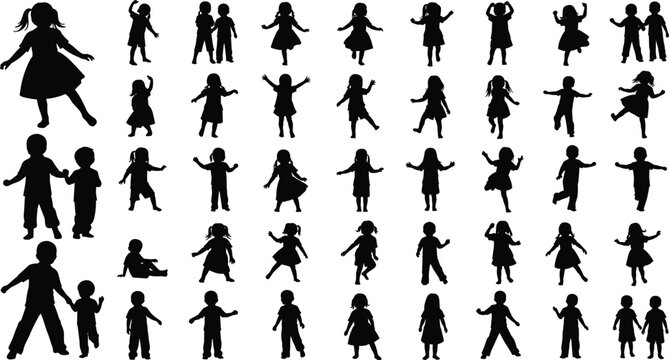 Children silhouette vector, kids activity poses, playful movement clipart, jumping running dancing graphic, childhood motion illustration, black outline art