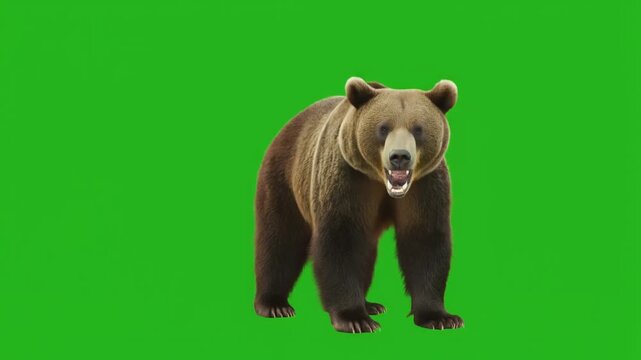 Large grizzly bear standing and roaring with open mouth in an aggressive display against a bright green screen background