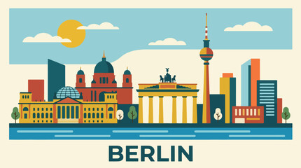 Obraz premium Modern Berlin travel poster highlighting a dynamic metropolitan skyline, colorful urban scenery, and geometric architecture in tourism artwork style