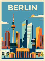 Fototapeta premium Modern Berlin travel poster highlighting a dynamic metropolitan skyline, colorful urban scenery, and geometric architecture in tourism artwork style