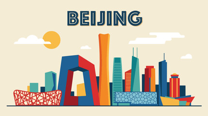 Obraz premium Vibrant Beijing travel poster showcasing cultural city scenery, colorful architecture, and geometric design inspired by traditional tourism artwork