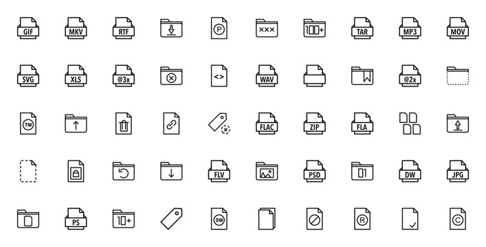 File formats icon set. Minimal icon pack. Includes symbols for gif, mkv, rtf, mp3, mov, svg, xls, css, wav, flac, zip, folder, protected, copyright and more. Editable vector stroke.