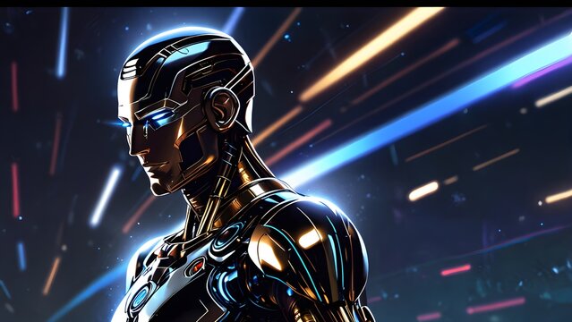 Powerful AI robot with glowing eyes in a futuristic digital environment, representing advanced technology.