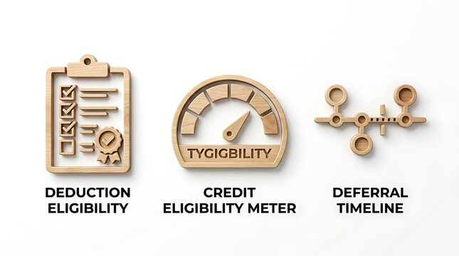 Three wooden icons representing business concepts: Deduction Eligibility checklist, Credit Eligibility Meter gauge, and Deferral Timeline diagram.