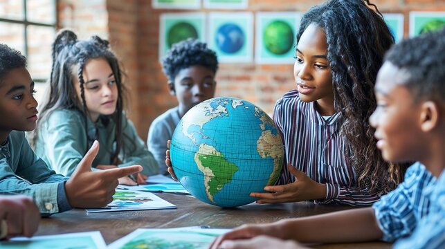 Diverse group of school children studying a world globe in a modern classroom for geography and environmental lesson