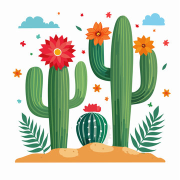 Desert Landscape with Blooming Cacti and Clouds