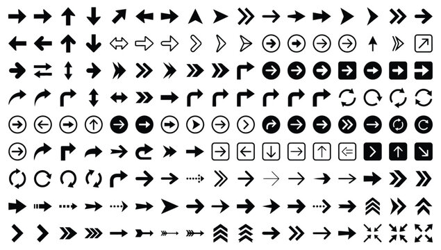 Collection of black arrow icons and directional symbols for graphic design