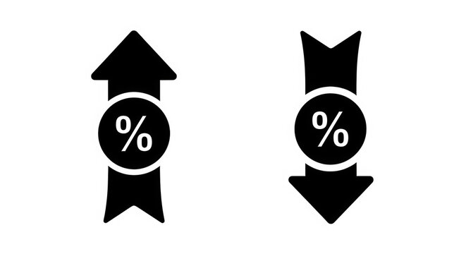 Black percent sign icons with up and down arrow symbols isolated on transparent background