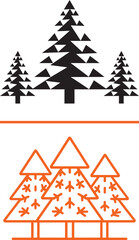 Obraz premium Geometric black pine tree silhouettes and orange outline winter fir tree icons with snowflakes