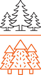 Fototapeta premium Pine tree vector icons in black and orange outline styles for forest and nature design
