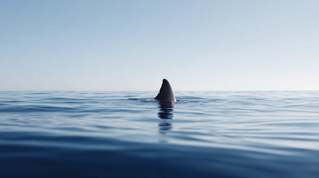 Single dark shark fin breaking the surface of vast blue ocean water
