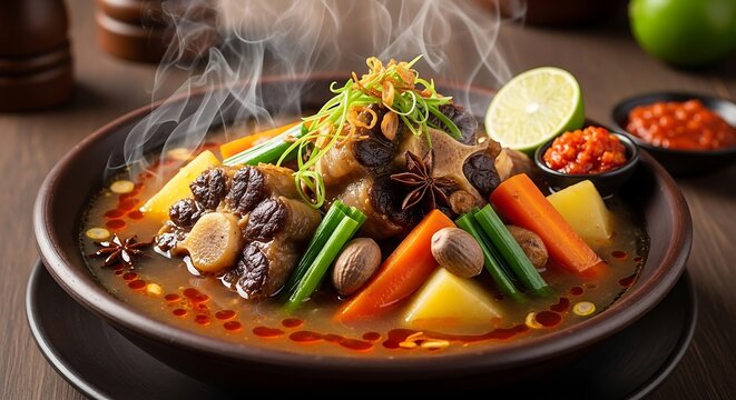Steaming bowl of Indonesian oxtail soup (Sop Buntut) with carrots, potatoes, green beans, lime, and chili sauce.