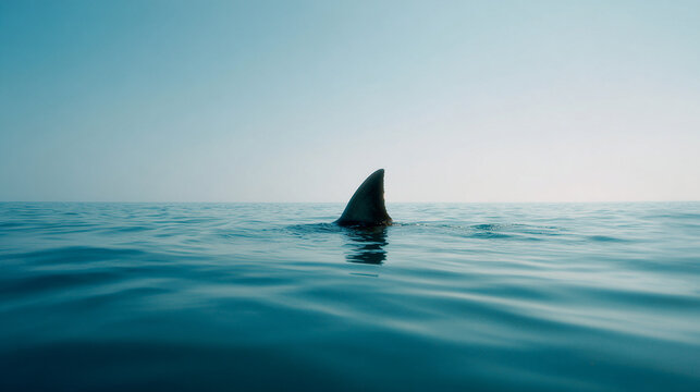 Single dark shark fin breaking the surface of vast blue ocean water
