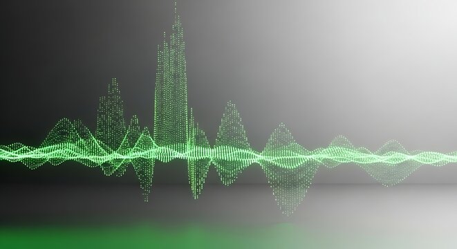 Abstract green digital sound wave equalizer pattern on a gradient background with reflection.