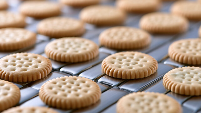 Rows of golden baked round biscuits on factory metal conveyor belt line
