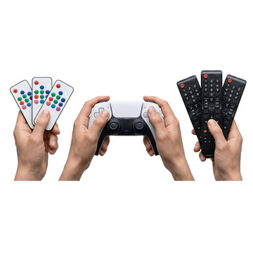 Hands holding game controller and remote controls, choosing entertainment