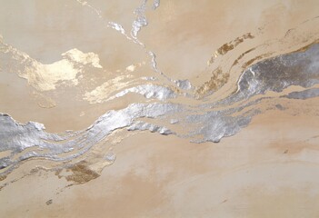 Obraz premium Liquid marble background with luxury gold and silver foil veins, elegant beige texture, fluid art backdrop, wallpaper, banner, modern artistic design.