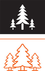 Fototapeta premium Pine tree vector icons with solid white and orange outline designs for forest and nature branding