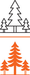 Obraz premium Pine tree icon set with outline and solid orange silhouette designs for nature and forestry branding