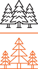 Obraz premium Minimalist pine tree line icons with black and orange forest vector symbols for nature and environment design