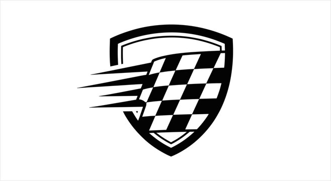 Racing Shield with Speeding Checkered Flag Emblem.