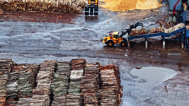 An industrial log loader moves timber at a large sawmill facility. Highangle shot showing sustainable forestry operations and wood processing industry.