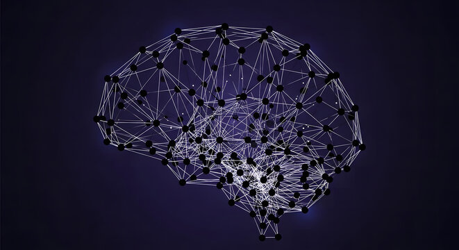 Abstract concept of artificial intelligence with digital nodes networking AI as a glowing human brain structure on dark background