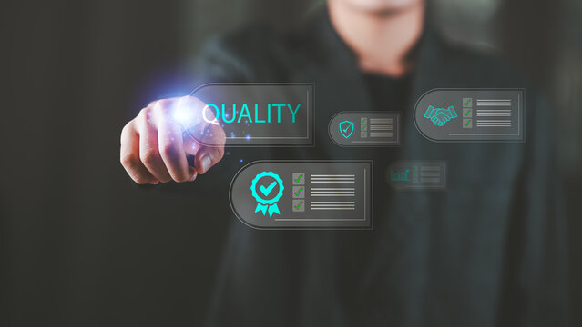 Quality managers monitor digital quality assurance systems with compliance certification, performance evaluation, security validation, and standardized process control for corporate reliability.