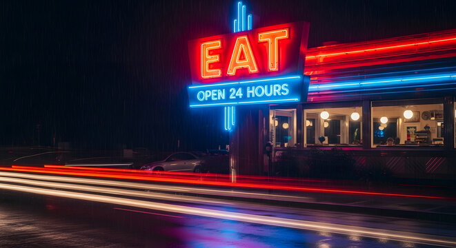 Illuminated Retro Diner Neon Sign Featuring Vibrant EAT Open 24 Hours Text with Dynamic Nighttime Traffic Light Trails at a Roadside Restaurant
