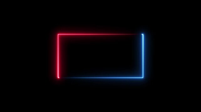 A rectangular frame is formed by two distinct neon light colors against a black background with the and left sides glowing in bright blue and the bottom and right sides glowing in vibrant red